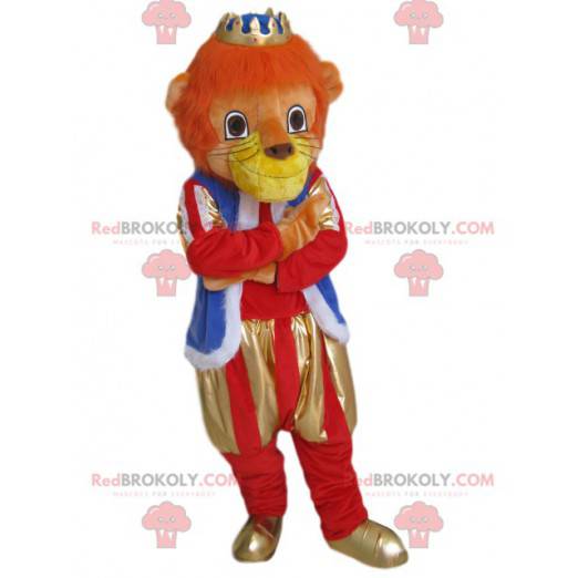 Mascotte de Lion avec une tenue et une couronne dorée -