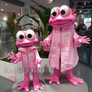 Pink Frog mascot costume character dressed with a Raincoat and Earrings