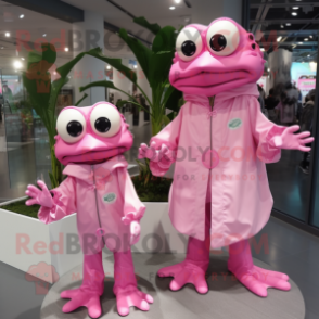 Pink Frog mascot costume character dressed with a Raincoat and Earrings