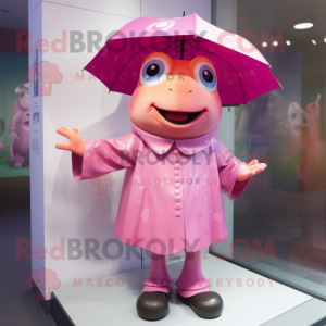 Pink Frog mascot costume character dressed with a Raincoat and Earrings