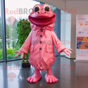 Pink Frog mascot costume character dressed with a Raincoat and Earrings