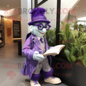 Lavender Alliance mascot costume character dressed with a Waistcoat and Reading glasses