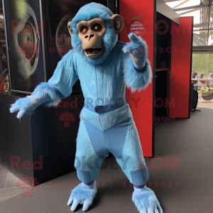 Sky Blue Baboon mascot costume character dressed with a Jumpsuit and Foot pads