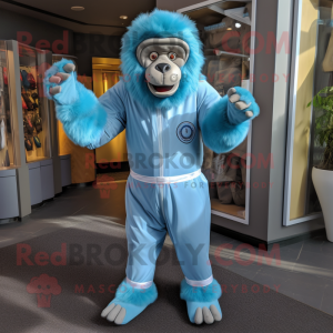 Sky Blue Baboon mascot costume character dressed with a Jumpsuit and Foot pads