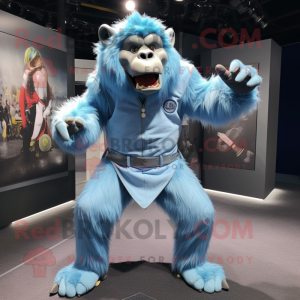 Sky Blue Baboon mascot costume character dressed with a Jumpsuit and Foot pads