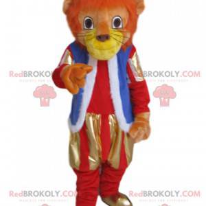 Maskot lva s oblečením a zlatou korunou - Redbrokoly.com