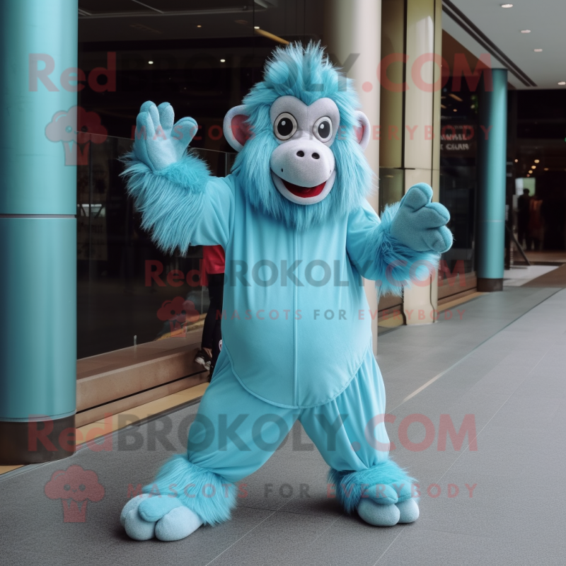 Sky Blue Baboon mascot costume character dressed with a Jumpsuit and Foot pads