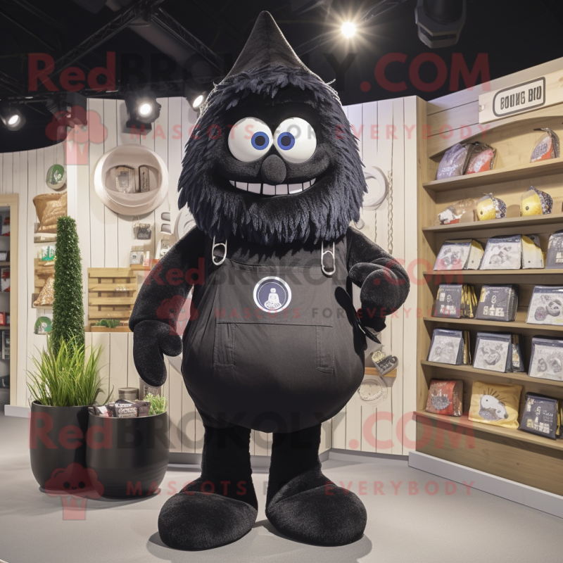 Black Onion mascot costume character dressed with a Dungarees and Coin purses