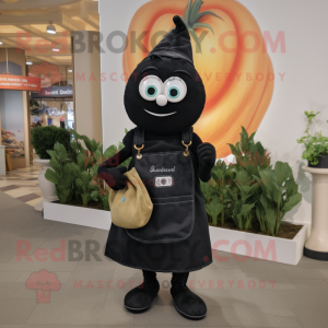 Black Onion mascot costume character dressed with a Dungarees and Coin purses