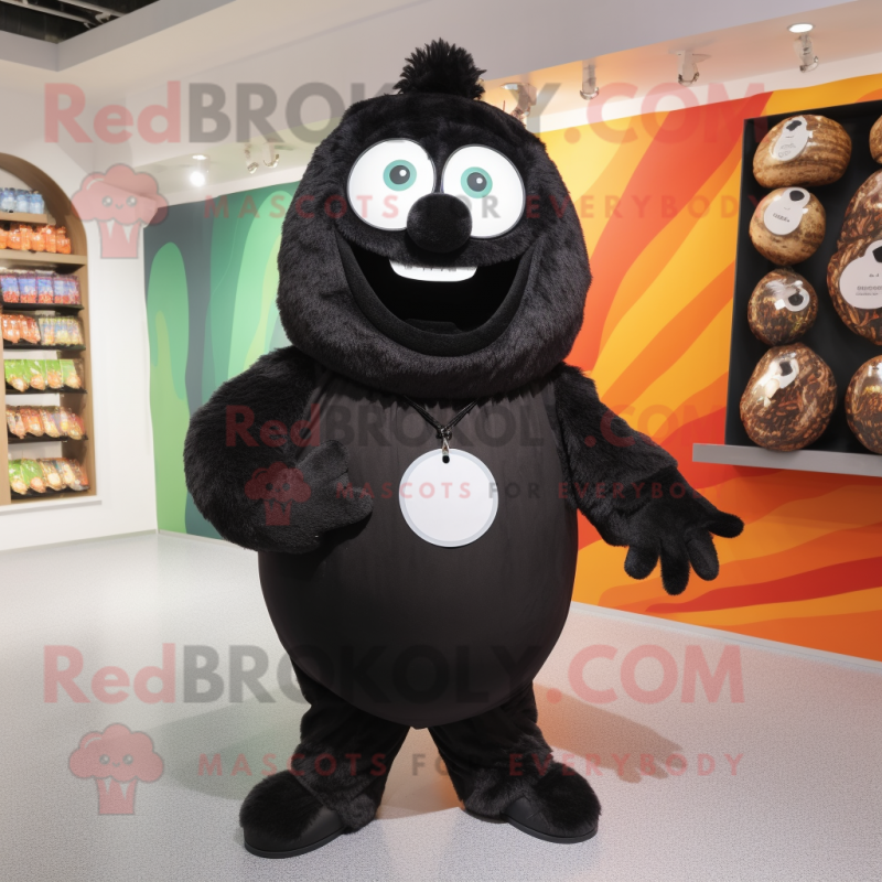 Black Onion mascot costume character dressed with a Dungarees and Coin purses