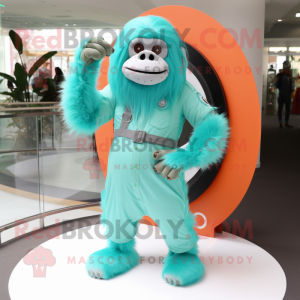 Turquoise Orangutan mascot costume character dressed with a Circle Skirt and Suspenders