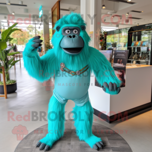 Turquoise Orangutan mascot costume character dressed with a Circle Skirt and Suspenders