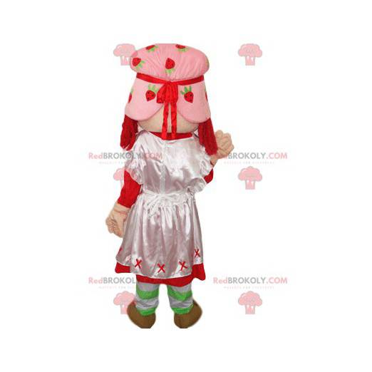 Mascote Strawberry Charlotte com um vestido e um chapéu rosa -