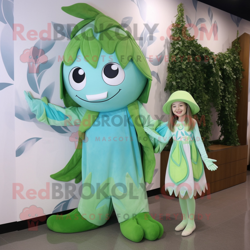 Cyan Beanstalk mascot costume character dressed with a A-Line Dress and Clutch bags Cyan Beanstalk mascot costume character dressed with a A-Line Dress and Clutch bags