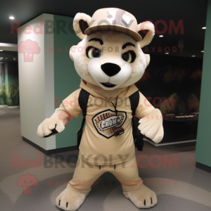 Beige Civet mascot costume character dressed with a Graphic Tee and Hat pins