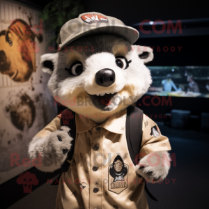 Beige Civet mascot costume character dressed with a Graphic Tee and Hat pins