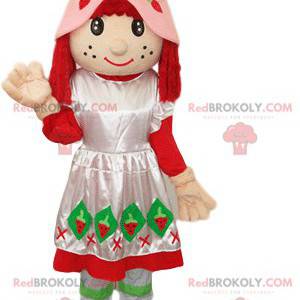 Mascota Strawberry Charlotte con un vestido y un sombrero rosa