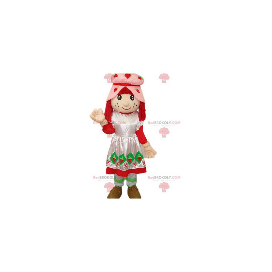 Mascotte de Charlotte aux fraises avec une robe et un chapeau
