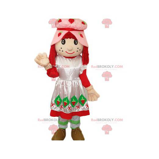 Mascota Strawberry Charlotte con un vestido y un sombrero rosa