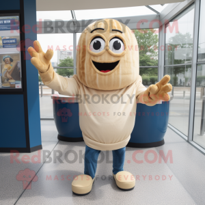 Beige Bagels mascot costume character dressed with a Denim Shorts and Gloves