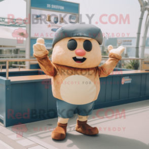 Beige Bagels mascot costume character dressed with a Denim Shorts and Gloves