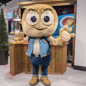 Beige Bagels mascot costume character dressed with a Denim Shorts and Gloves