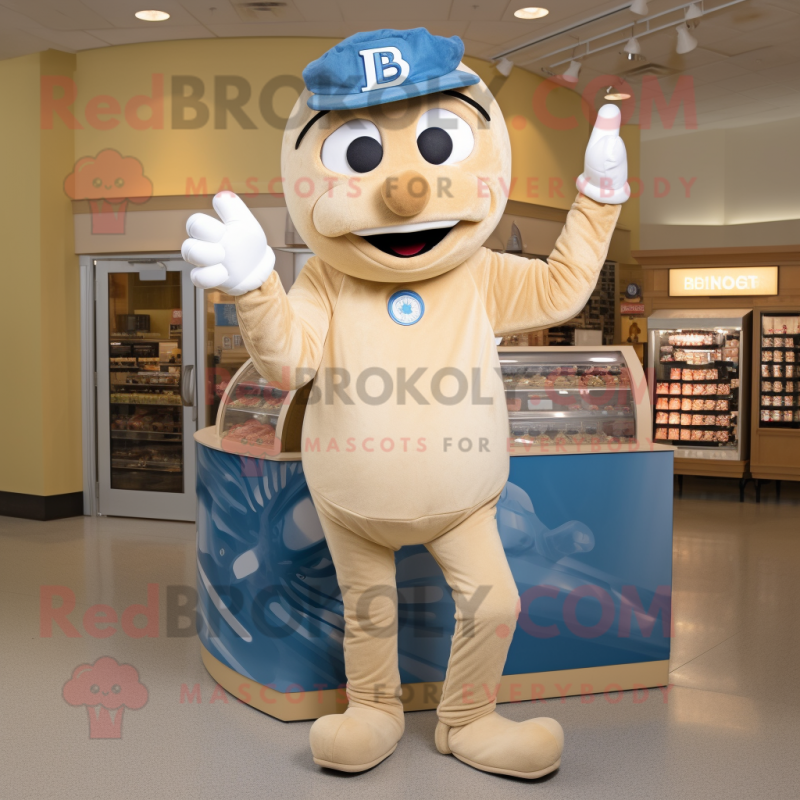 Beige Bagels mascot costume character dressed with a Denim Shorts and Gloves Beige Bagels mascot costume character dressed with a Denim Shorts and Gloves