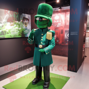 Green British Royal Guard mascot costume character dressed with a Windbreaker and Lapel pins