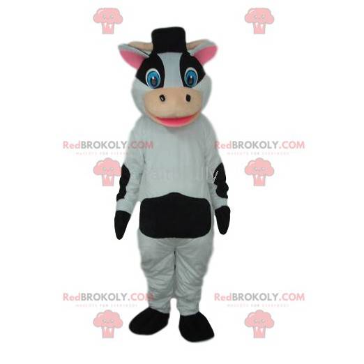 Svart och vit ko-maskot med hatt - Redbrokoly.com