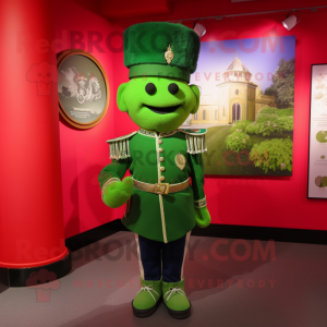 Green British Royal Guard mascot costume character dressed with a Windbreaker and Lapel pins