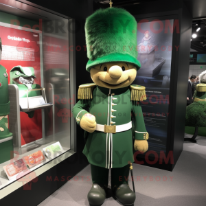 Green British Royal Guard mascot costume character dressed with a Windbreaker and Lapel pins