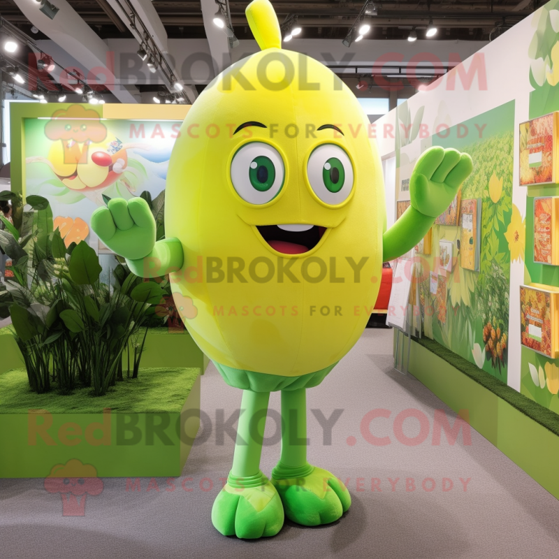 Yellow Green Bean mascot costume character dressed with a Playsuit and Hairpins Yellow Green Bean mascot costume character dressed with a Playsuit and Hairpins