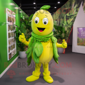 Yellow Green Bean mascot costume character dressed with a Playsuit and Hairpins