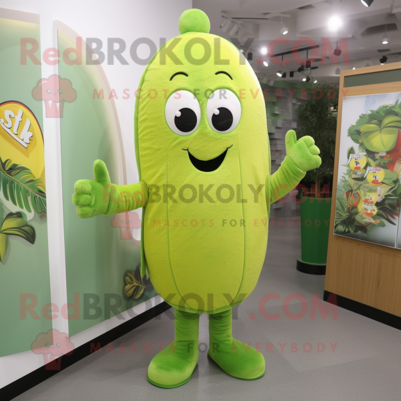 Yellow Green Bean mascot costume character dressed with a Playsuit and Hairpins