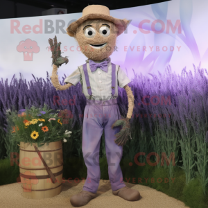 Lavender Scarecrow mascot costume character dressed with a Tank Top and Tie pins