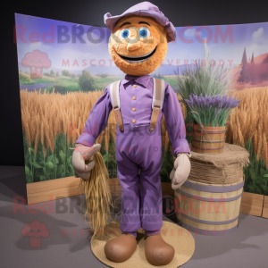 Lavender Scarecrow mascot costume character dressed with a Tank Top and Tie pins