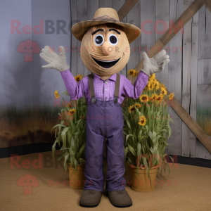 Lavender Scarecrow mascot costume character dressed with a Tank Top and Tie pins