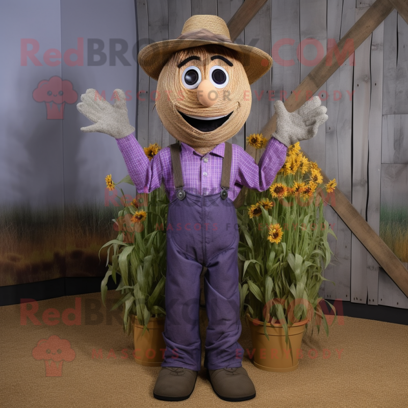 Lavender Scarecrow mascot costume character dressed with a Tank Top and Tie pins Lavender Scarecrow mascot costume character dressed with a Tank Top and Tie pins