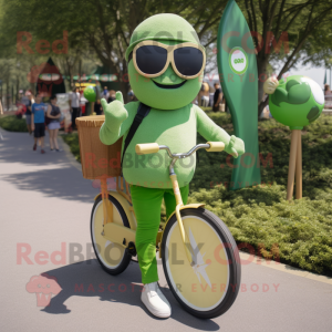 Olive Unicyclist mascot costume character dressed with a Cover-up and Sunglasses