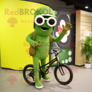 Olive Unicyclist mascot costume character dressed with a Cover-up and Sunglasses