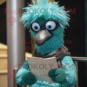 Turquoise Emu mascot costume character dressed with a Sweater and Reading glasses