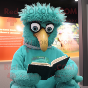 Turquoise Emu mascot costume character dressed with a Sweater and Reading glasses