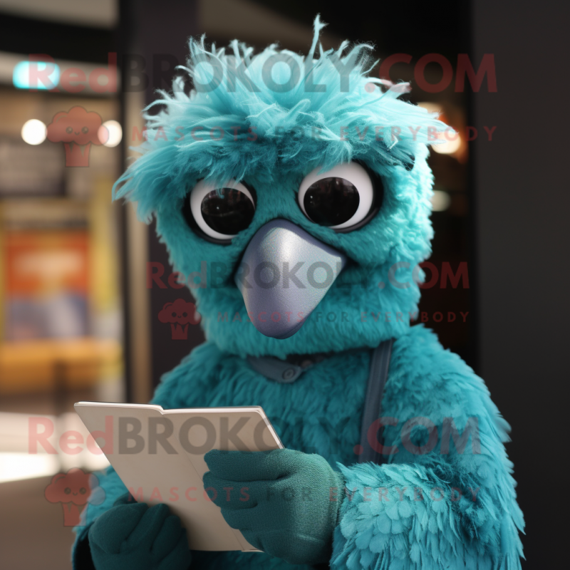 Turquoise Emu mascot costume character dressed with a Sweater and Reading glasses