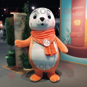 Peach Seal mascot costume character dressed with a V-Neck Tee and Scarf clips
