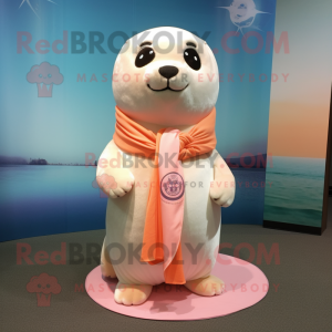 Peach Seal mascot costume character dressed with a V-Neck Tee and Scarf clips