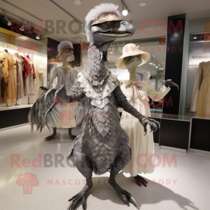 Silver Deinonychus mascot costume character dressed with a A-Line Dress and Brooches