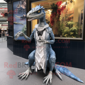 Silver Deinonychus mascot costume character dressed with a A-Line Dress and Brooches