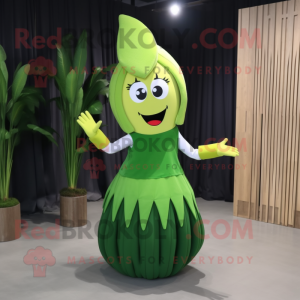 Forest Green Banana mascot costume character dressed with a Pleated Skirt and Hair clips