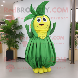 Forest Green Banana mascot costume character dressed with a Pleated Skirt and Hair clips