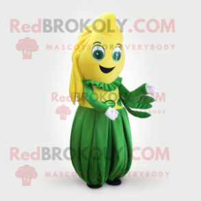 Forest Green Banana mascot costume character dressed with a Pleated Skirt and Hair clips